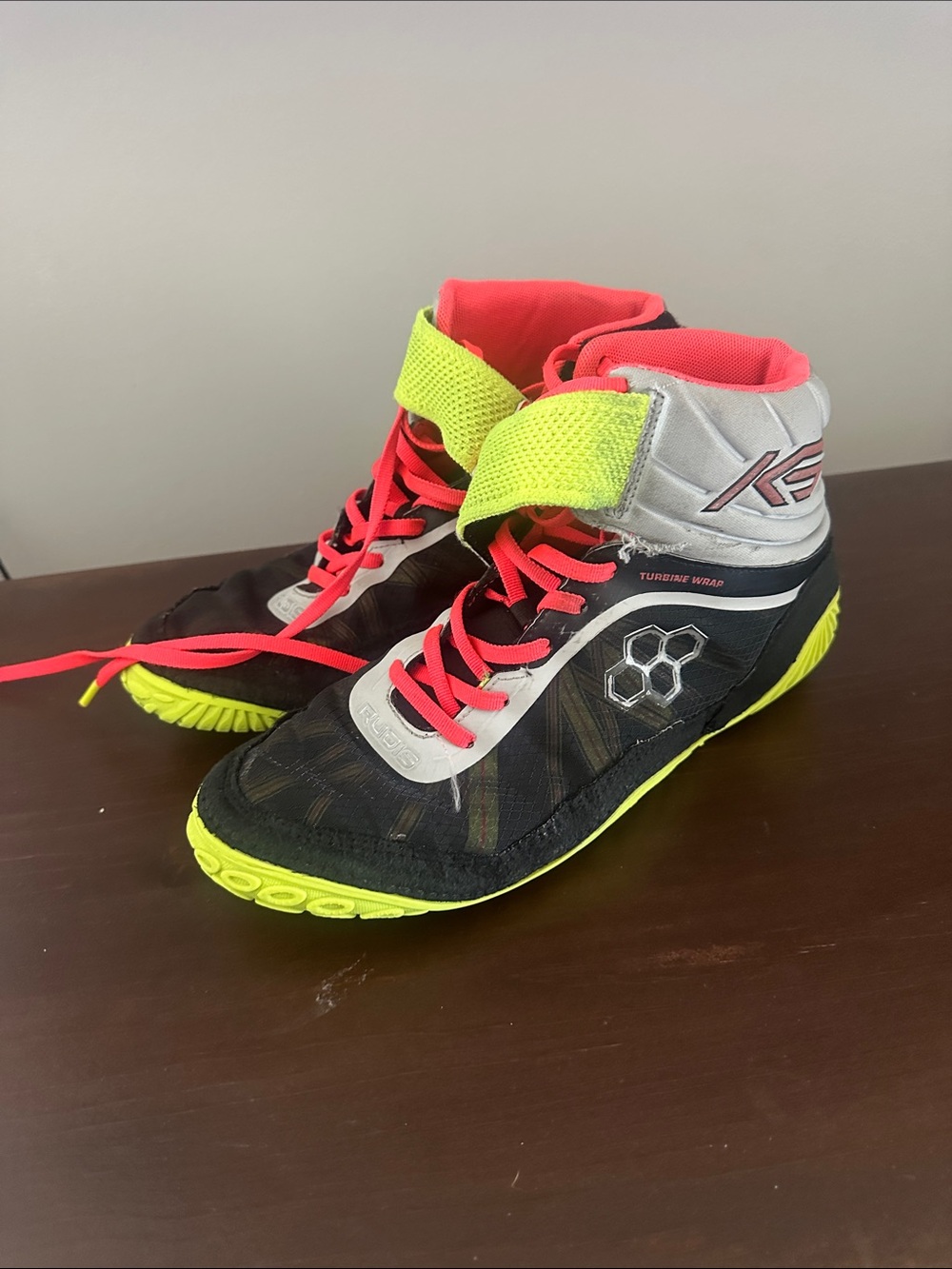 Rudis wrestling shoes in Black with Neon Yellow and Coral
